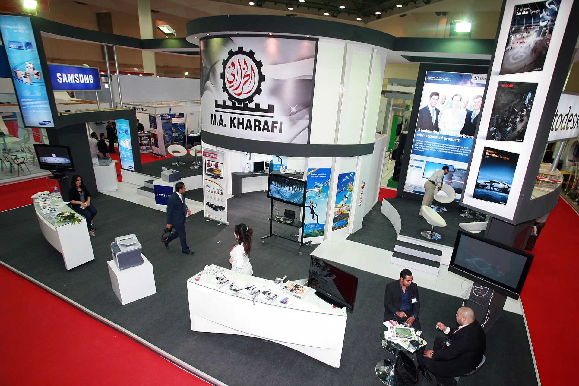 Large exhibition booth with integrated display technology