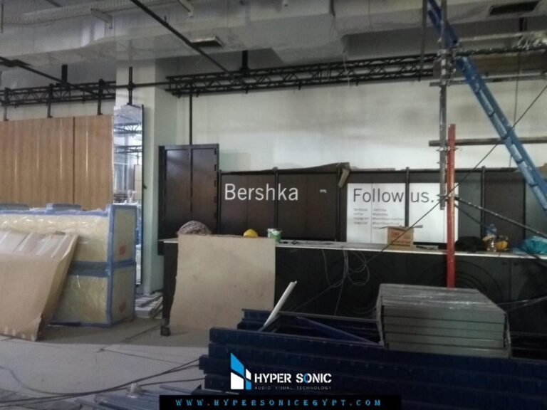 Hyper Sonic Egypt delivered complete audiovisual installation and system setup for the Bershka Egypt store launch, including LED displays, sound systems, microphones, display screens, and on-site technical support.